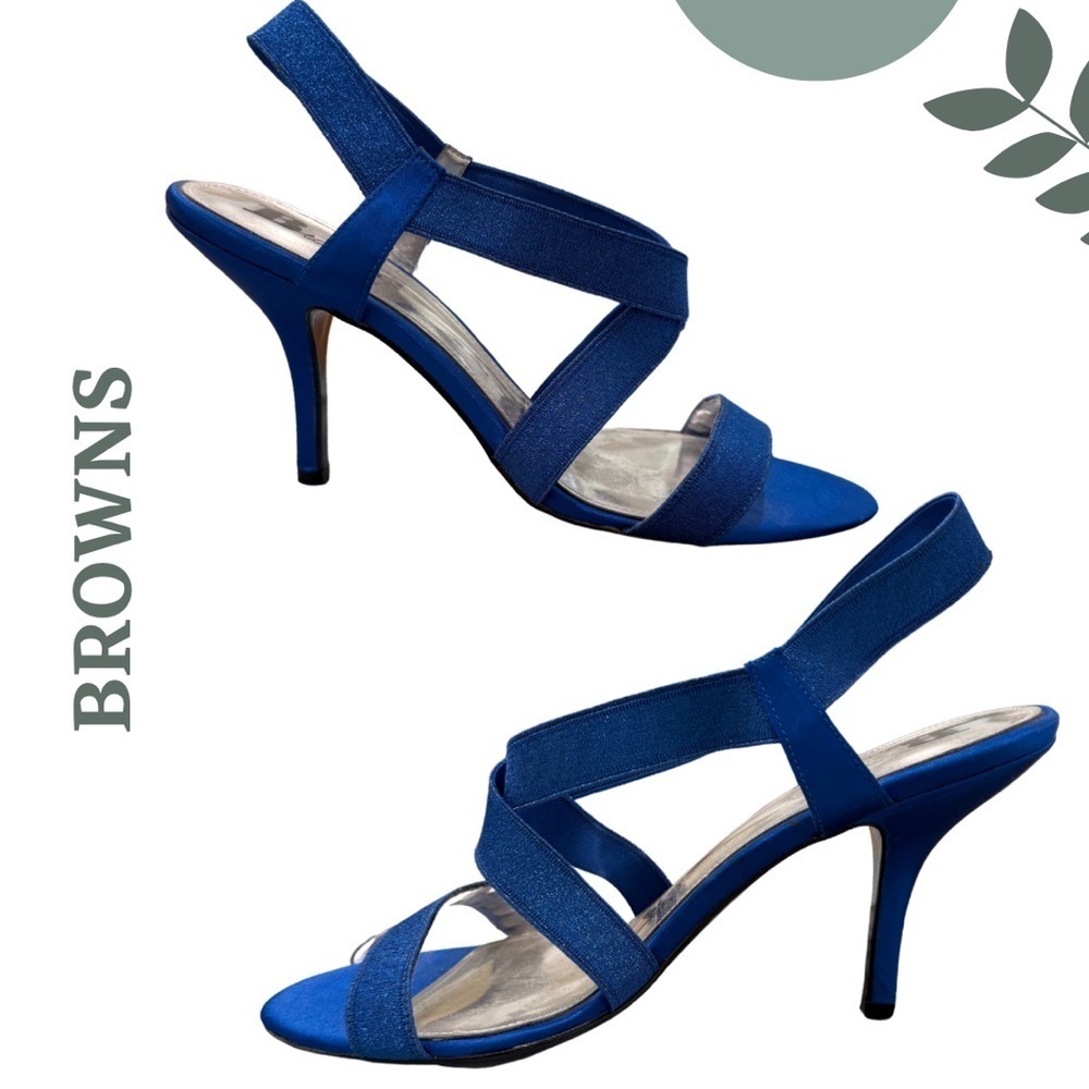 🛍️3/$40 BROWNS Blue Metallic Strappy Heels Elastic Glitter Straps – Size 8.5M